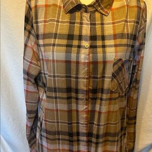 women's plaid flannel button-down shirt in neutral colors like beige, tan, black